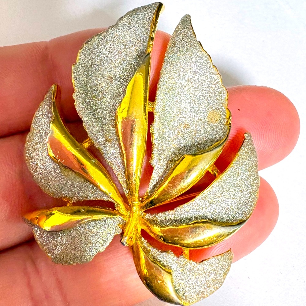 Vintage Gold and Silver tone signed Leaf Brooch